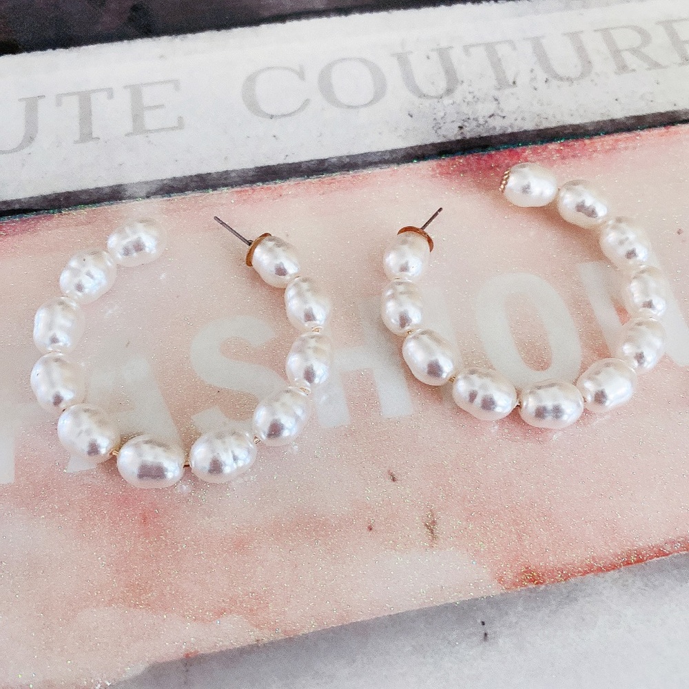 New Pearl Open Hoop Costume Earrings